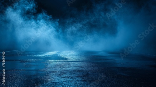 Dark street, wet asphalt, reflections of rays in the water. Abstract dark blue background, smoke, smog. Empty dark scene,