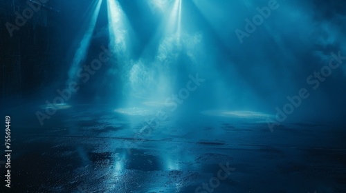 Dark street, wet asphalt, reflections of rays in the water. Abstract dark blue background, smoke, smog. © chanidapa