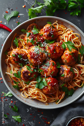 Classic Italian dish of spaghetti and meatballs in sauce on a table