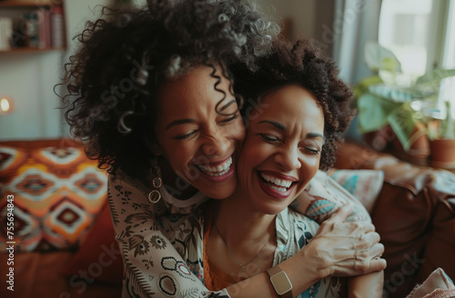 Photo of a happy senior mother and adult daughter hugging and laughing as they have fun at home on the couch