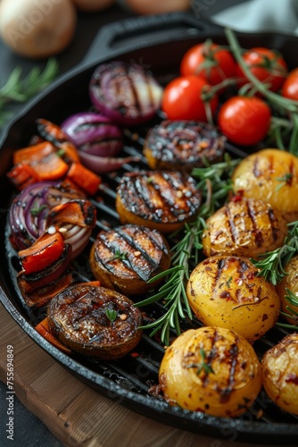 A gourmet dish with grilled and cooked vegetables, meat, and herbs on a wooden background.