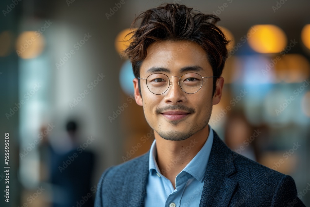 A positive and smiling young Japanese businessman in a professional office, exuding confidence and success. A positive and smiling young Japanese businessman in a professional office, exuding confidence and success.