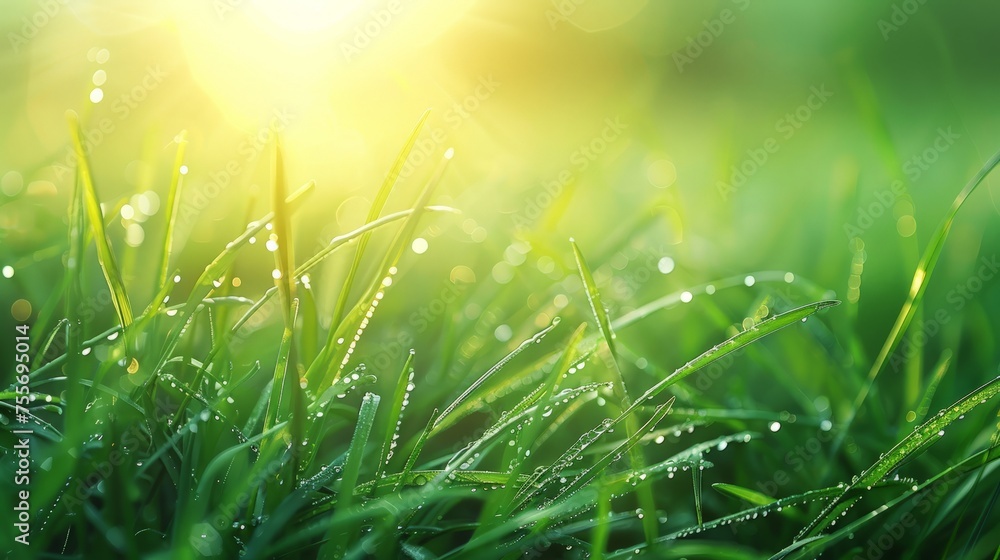 Grass. Fresh green spring grass with dew drops closeup. Sun. Soft Focus.