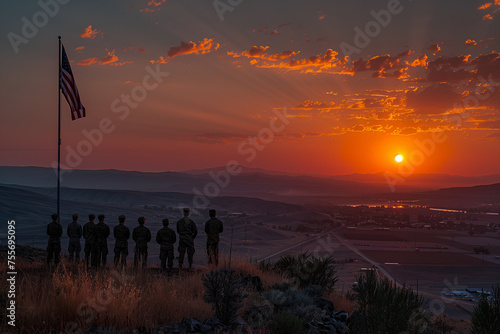 american flag cerimony on sunset photo