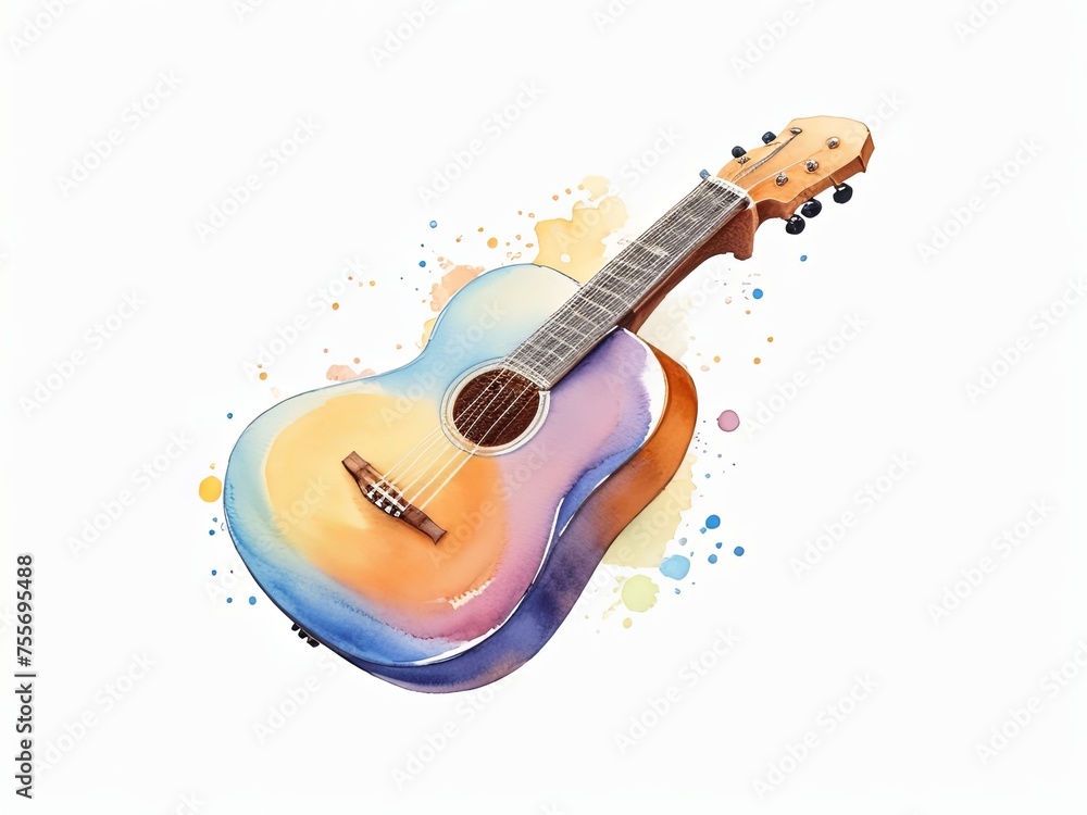 Fototapeta premium Colorful Watercolor Acoustic Guitar on White Background