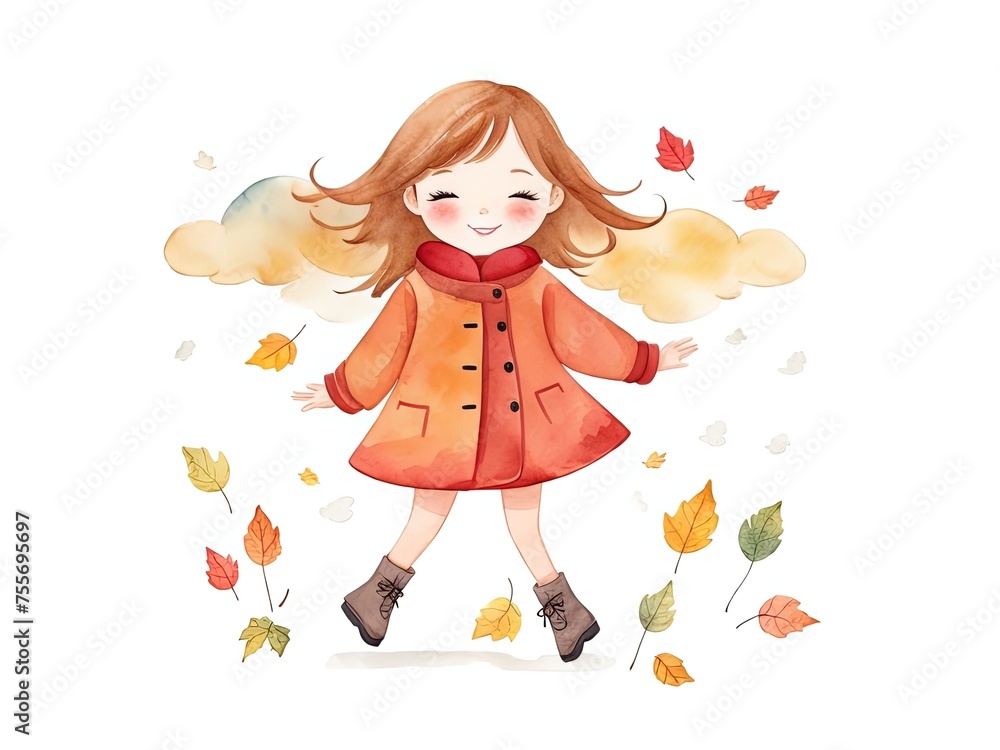 Watercolor Cute autumn girl with leaves and clouds. Joy of autumn. Autumn girl character.Watercolor illustration isolated on white background , full body, clean, simple, white background, professional Watercolor Cute autumn girl with leaves and clouds. Joy of autumn. Autumn girl character.Watercolor illustration isolated on white background , full body, clean, simple, white background, professional
