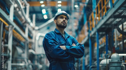 Portrait of manual man worker is standing with confident with blue working suite dress and safety helmet in front the glass wall of high technology clean industry factory.