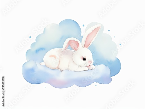 Watercolor cute bunny sleep on the cloud. Watercolor illustration isolated on white background. Generative AI.