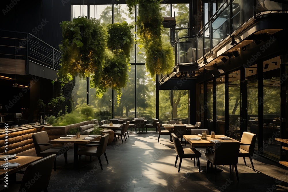 Modern cafe or restaurant with living green wall, biophilic design, and vertical gardening for eco-friendly landscape