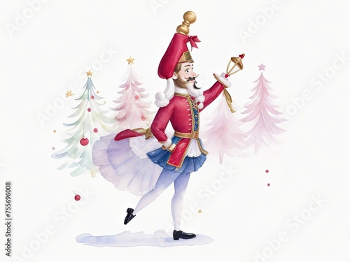 Watercolor Enchanting Nutcracker Christmas Watercolor , Magical Holiday Delights and Whimsical Festivities in watercolor on a white isolated background. Generative AI.