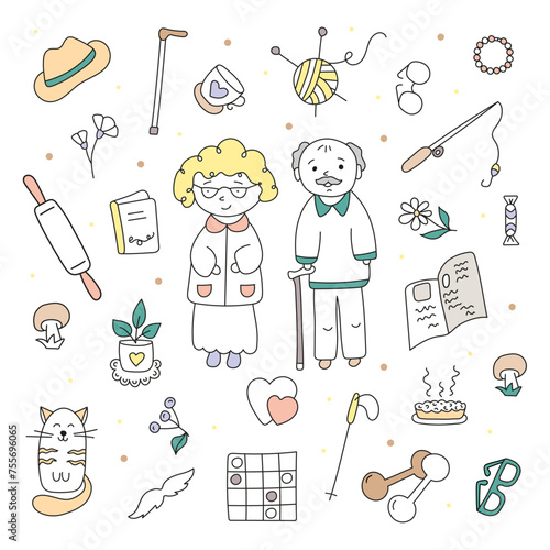 Grandfather and grandmother set. Vector illustration in doodle style.