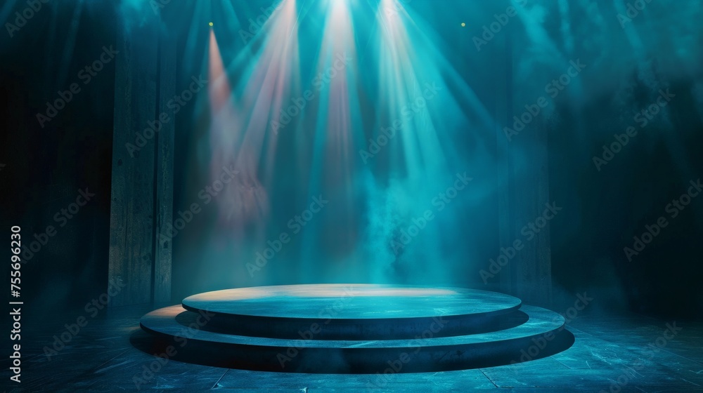 Stage Podium Scene for Award Ceremony illuminated with spotlight. Award ceremony concept. Stage backdrop.