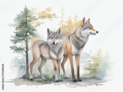Watercolor forest animal  wolfs.Watercolor illustration isolated on white background. Generative AI.