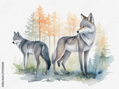 Watercolor forest animal: wolfs.Watercolor illustration isolated on white background. Generative AI.