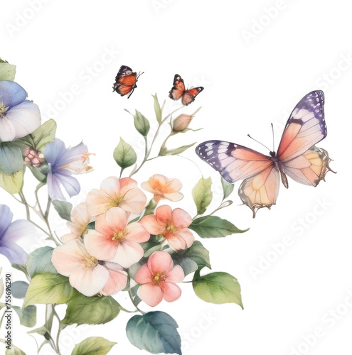 A painting of flowers and butterflies against a transparent background. © Piyawat