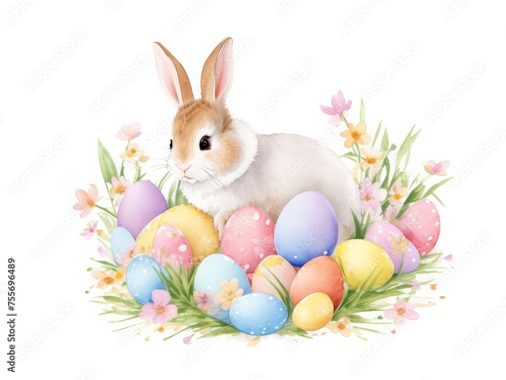 Watercolor Happy Easter watercolor with cute Easter rabbit, eggs, spring flowers and chick. Watercolor illustration isolated on white background. Generative AI.