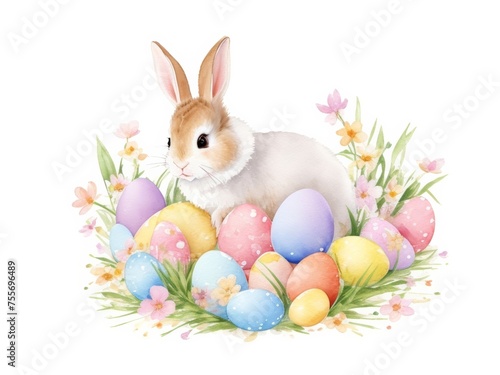 Watercolor Happy Easter watercolor with cute Easter rabbit  eggs  spring flowers and chick. Watercolor illustration isolated on white background. Generative AI.