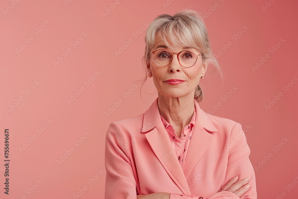 Portrait of folded arms successful business woman retired age looking empty thoughtful brainstorming isolated over pink color background Portrait of folded arms successful business woman retired age looking empty thoughtful brainstorming isolated over pink color background