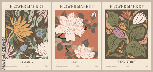 Set of abstract Flower Market posters. Trendy botanical wall arts with floral design in earth tone colors. Modern naive groovy funky interior decorations, paintings. Vector art illustration.