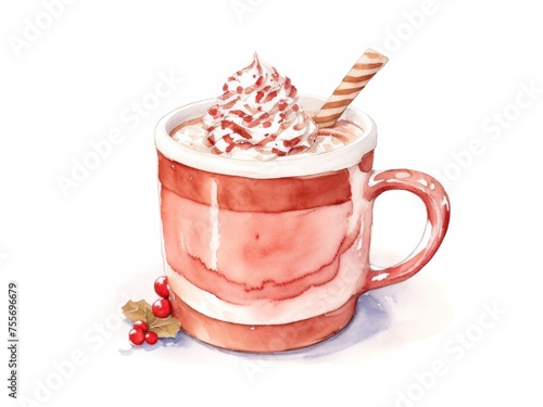 Watercolor Hot Chocolate Christmas Indulge in the Warmth and Festive Flavors. Watercolor illustration isolated on white background. Generative AI.