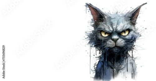 A grumpy-looking gray cat with big green eyes is isolated on a white background. The cat has a wrinkled face and looks like it is not happy. It is looking at the camera with an annoyed expression. photo