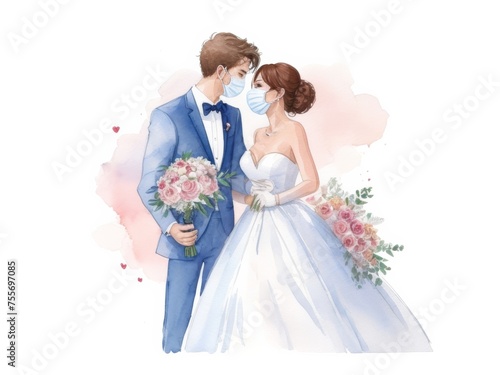 Watercolor Wedding couple wearing protective mask in the middle of corona pandemic. Wedding cake topper.Watercolor illustration isolated on white background . Generative AI.