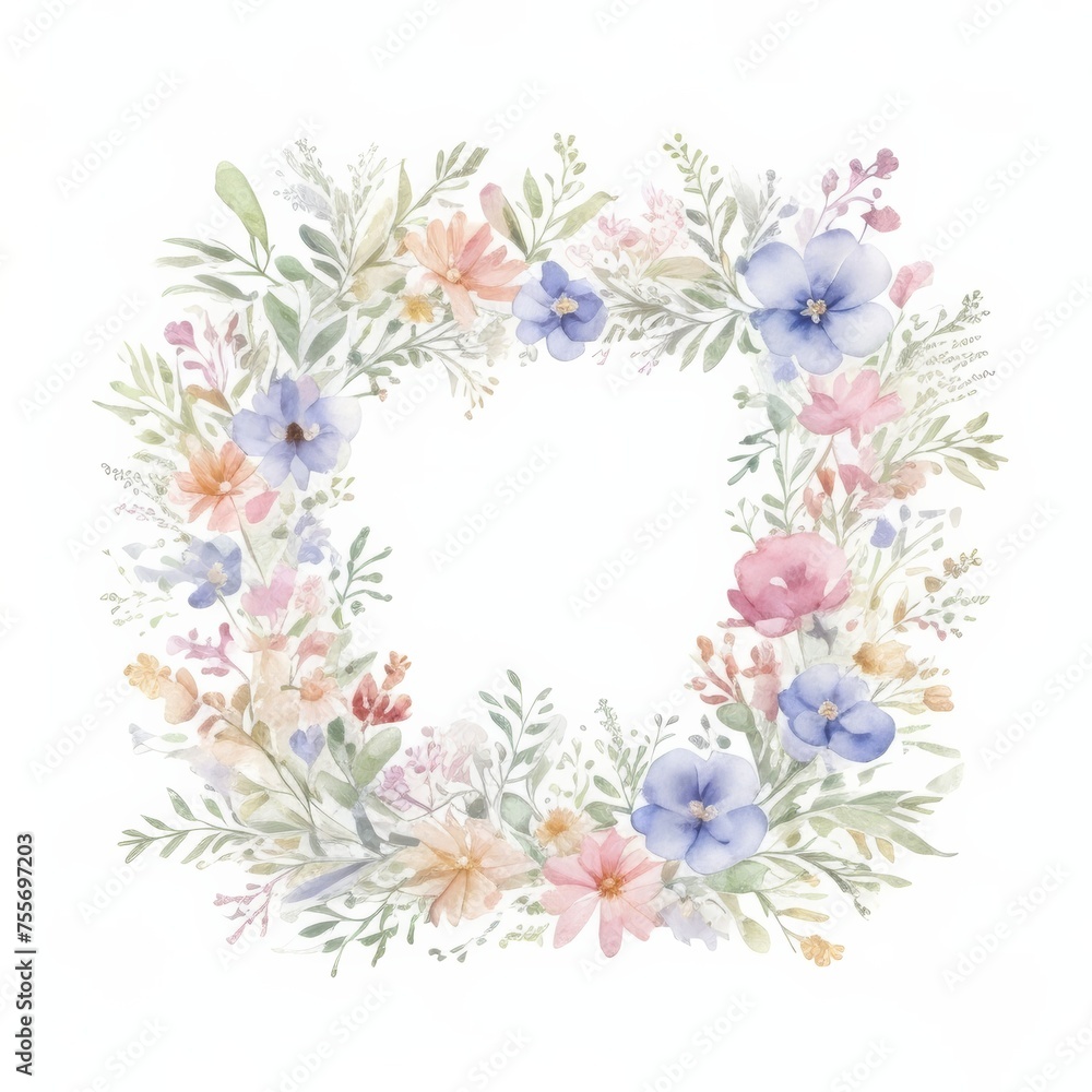Floral Border with Pink Flowers and Leaves Illustration in watercolor on a white isolated background. Generative AI. Floral Border with Pink Flowers and Leaves Illustration in watercolor on a white isolated background. Generative AI.