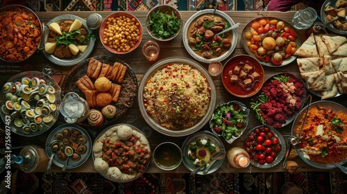 An overhead shot of a table filled with traditional Eid delicacies  ready for the festive meal shared among family and friends for Eid al Fitr