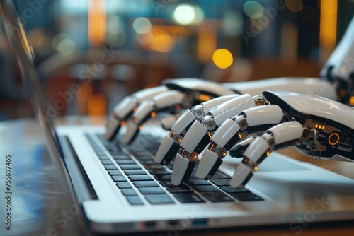 selective focus of human and robot hands typing on laptop at workplace #755697466