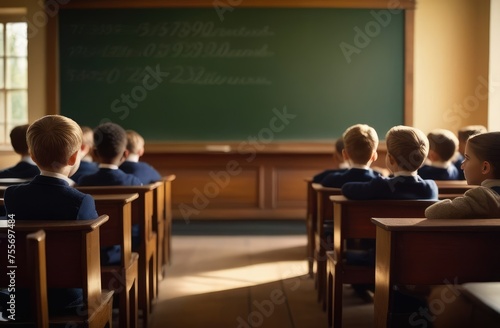 Children at school look at the blackboard
