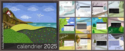 Calendar 2025 in french language. Colorful monthly calendar with various landscapes. Cover and 12 monthly pages. Week starts on Monday, vector illustration. Square pages.