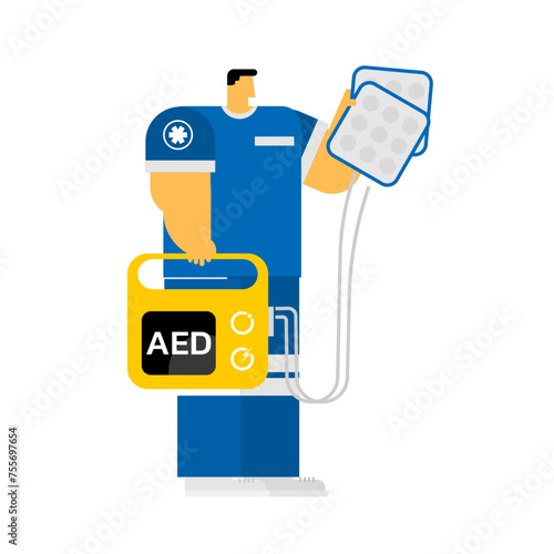 The cartoon character of  a healthcare with AED on isolated background.