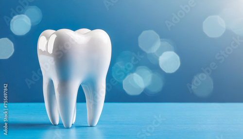 White tooth model on blue background. Dental care. Stomatology clinic  orthodontist s business.