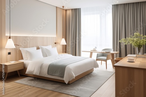 Large double bed in modern hotel room, in light colors  © robfolio