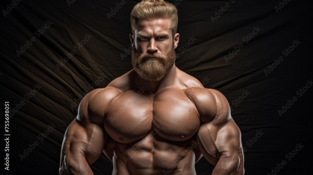 Portrait of a brutal strong Man, a bodybuilder, with pumped muscles, perfect abs, shoulders, biceps, triceps on a black background. Fitness, Sports, Healthy lifestyle concepts.