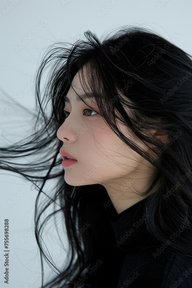 Asian Woman with Long Black Hair Against a White Background Asian Woman with Long Black Hair Against a White Background