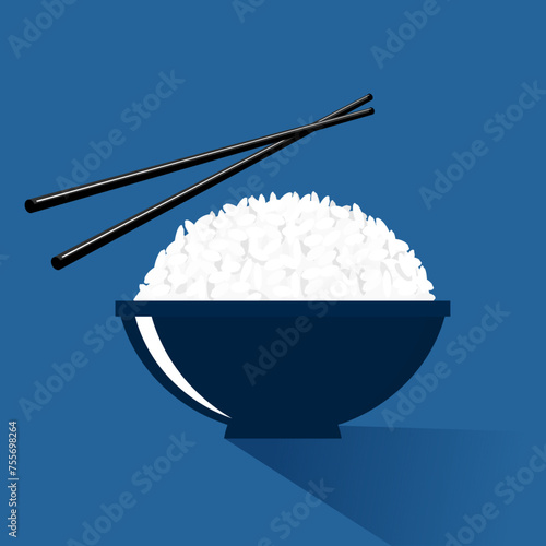 Rice bowl with chopsticks on blue background vector.