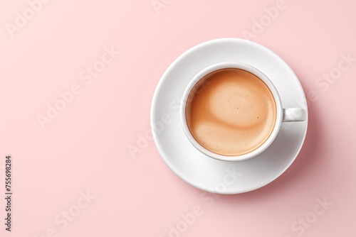 white cup and saucer with freshly brewed strong black espresso coffee with crema  isolated beverage design element  top view   flat lay