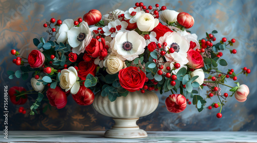 Bouquet of red and white flowers in a vase.