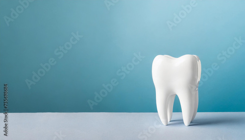 White tooth model on blue background. Dental care. Stomatology clinic  orthodontist s business.