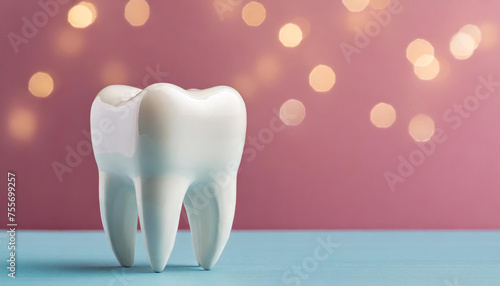White tooth model on pink background. Dental care. Stomatology clinic  orthodontist s business.