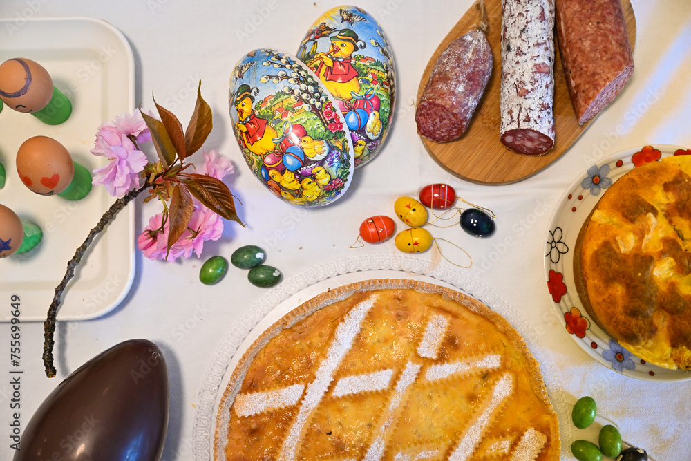 Easter Breakfast whit Colomba Pasquale or Easter Dove, eggs, corallina ...