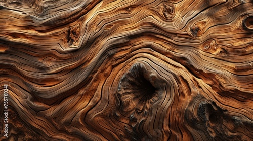 A close up of a piece of wood with a knot in the middle. The wood is brown and has a rough texture. Scene is rustic and natural. © Elena