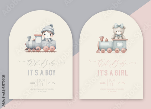 Cute baby shower watercolor arch invitation card with plush toy on train. Oh baby calligraphy.