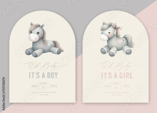 Cute baby shower watercolor arch invitation card with plush toy horse. Oh baby calligraphy.