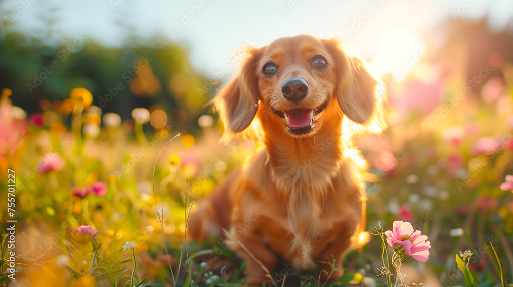 A dachhund sitting in a meadow with flowers - obrazy, fototapety, plakaty 