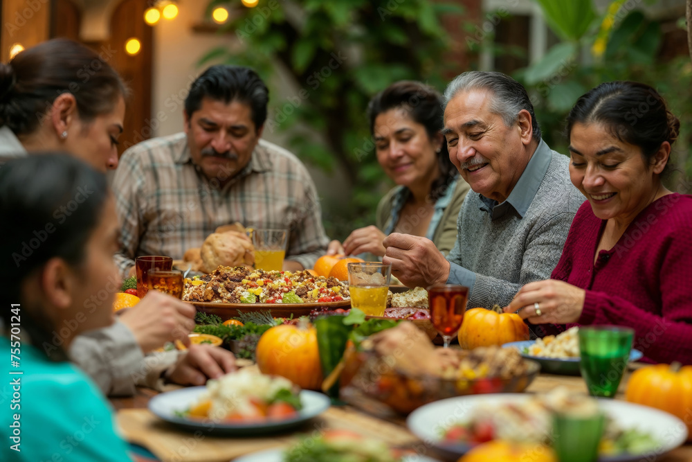 A family is gathered around a table with a variety of food, including a turkey