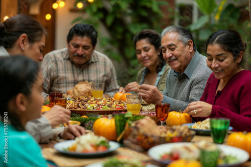 A family is gathered around a table with a variety of food  including a turkey