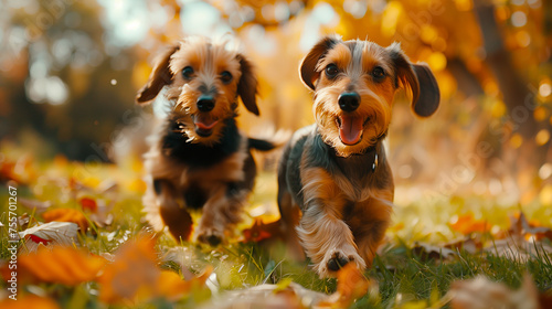 two dachshund puppies playing in a garden photo