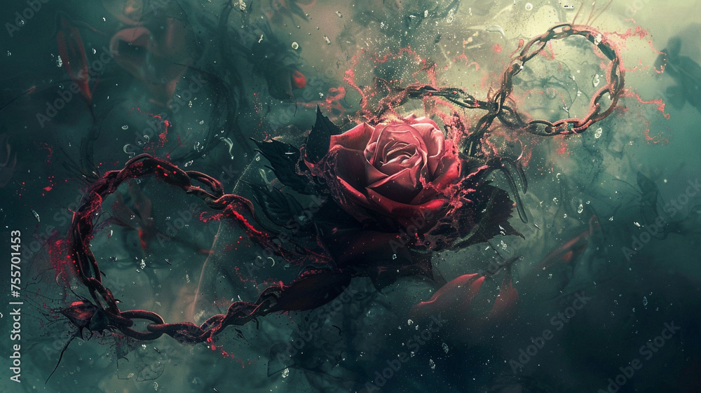 Hate's tendrils wrap around them like chains, but within its grasp, love blossoms like a surreal rose, its fragrance filling the air with hope. - obrazy, fototapety, plakaty 